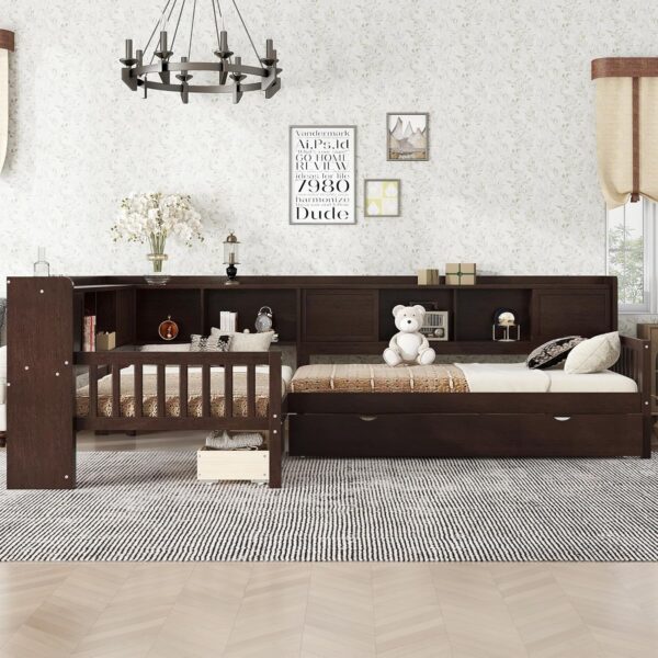 Twin Size L-Shaped Platform Bed Frame with Trundle. Solid Wood Daybed with Drawers & Open Shelves. Twin Corner Bed for Kids Boys Girls. No Box Spring Needed (Espresso)