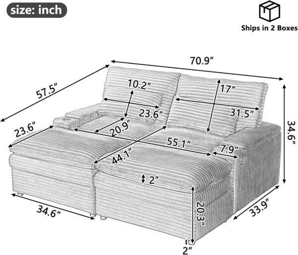 70.9 Oversized Double Lounge Chaise Loveseat Sofa with USB Ports Cup Holders