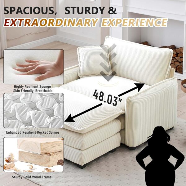 Oversized Chaise Lounge Chair Indoor with Ottoman. 37 W Corduroy Single Sofa Chair. Modern Couch with Deep Seat. Sleeper Chair Comfy Cloud Couch for Living Room Bedroom Office Apartment