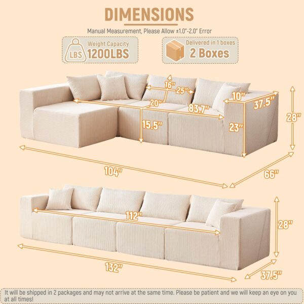 130 Modular Sectional Sofa. Cloud Couch. Modern Modular L-Shape Sofa Couch with Chaise.Upholstered Couches Sectional Couch with Deep Seat for Living Room Bedroom (Beige)