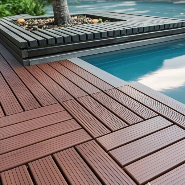 Plastic Interlocking Deck Tiles. 44 Pack Patio Deck Tiles. 12x12 Square Outdoor All Weather Use. Outdoor and Indoor Patio Decking Tiles for Porch. Poolside. Balcony. Backyard (Brown)