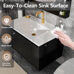 30 Inch Bathroom Vanity with Sink. Wall Mounted Floating Fluted Vanity with Drawers. Soft-Close Doors. Modern Wall Mount Bathroom Storage Cabinet for Small Space (Black)