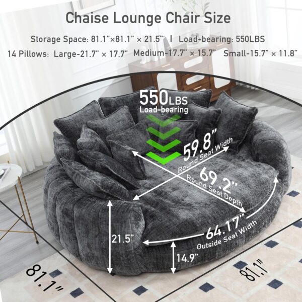 Oversized Chaise Lounge Chair Indoor .Round Chaise Lounge for Couples in Bedroom. Stylish Round Couch and Sleeper Sofa. Reading Chair in Living Room (Dark Grey)