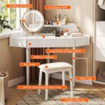Corner Vanity Desk with Lighted Mirror. 44 Modern Fluted Makeup Vanity Desk with Adjustable Folding Mirror. Stool. Bedroom Dressing Table for Women. Small Place (White)
