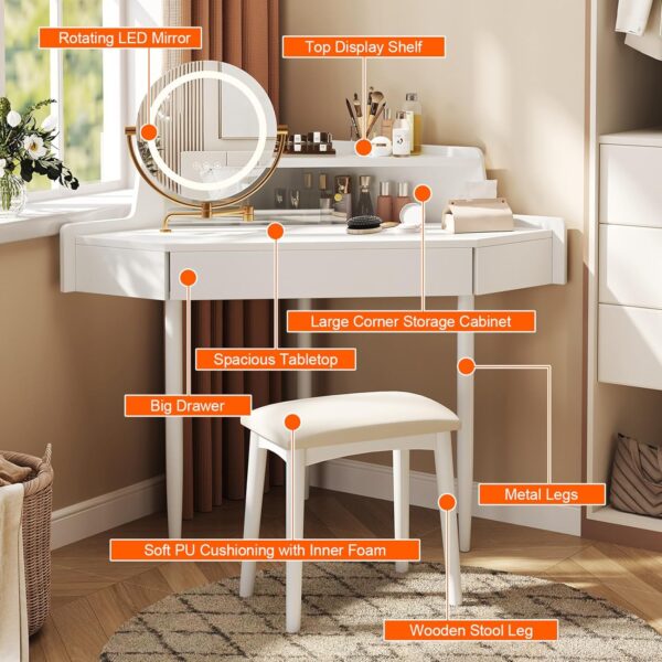 Corner Vanity Desk with Lighted Mirror. 44 Modern Fluted Makeup Vanity Desk with Adjustable Folding Mirror. Stool. Bedroom Dressing Table for Women. Small Place (White)