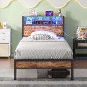 Twin Size Bed Frame with Storage Headboard and LED Lights