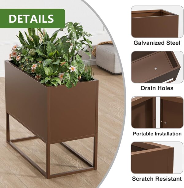 36 L Metal Planter Boxes Outdoor Rectangular Planter. Tall Planters Heavy Dut for Indoor/Outdoor Use. Large Planters with Shelves and Drainage Holes for Porch/Patio/Garden (Brown)