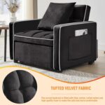 35 Convertible Chair Bed. Sleeper Chair. 3 in 1 Modern Velvet Pull Out Sofa Chair. Small Tufted Single Sleeper Chair with Adjustable Backrest/Pillow for Living Room. Small Spaces (Black)