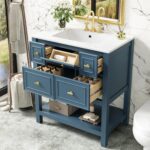 30 Bathroom Vanity with Sink Set. Vintage Bathroom Cabinet Vanity with Ceramic Basin. Extra Large Storage 5 Drawers. Solid Wood Frame Storage Cabinet (Blue)