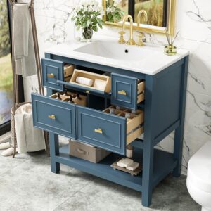 30 Bathroom Vanity with Sink Set. Vintage Bathroom Cabinet Vanity with Ceramic Basin. Extra Large Storage 5 Drawers. Solid Wood Frame Storage Cabinet (Blue)