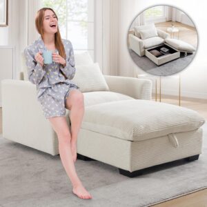 Chaise Lounge Chair Indoor with Ottoman. Comfy Corduroy Oversized Chaise Lounge with Storage Box. 51 W Modern Soft Single Sofa Reading Chair for Living Room. Bedroom. Office. Apartment (Beige)
