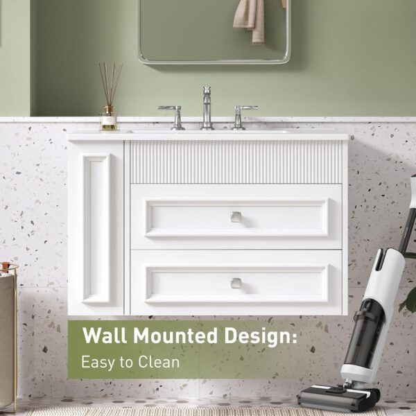 30 Inches Bathroom Vanity with Sink MDF. Wall Mounted Floating Cabinets w/Double Drawers. 3 Holes Single Ceramic Sink Combo Set Modern Storage Cabinet (White)