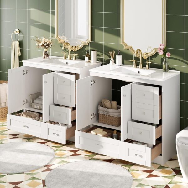 72'' Bathroom Vanities with Ceramic Sink Combo. Freestanding Double Bathroom Vanity Storage Cabinet 4 Soft Closing Doors & 2 Drawers Floor Standing Storage (White)