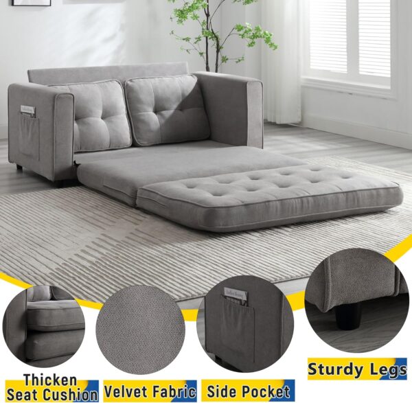 2-in-1 Sleeper Sofa Bed. 55 Velvet Convertible Loveseat Sofa. Pull Out Couch Bed with Storage Pockets. Folding Sofa for Living Room. Bedroom. Apartment (Light Grey)