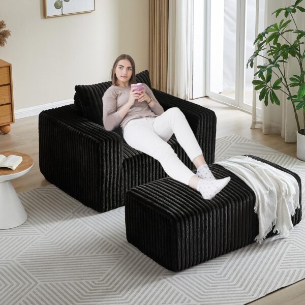 Oversized Chaise Lounge Chair Indoor with Removable Ottoman. 48.5 Comfy Thicked Upholstered Recliner Corduroy Couch. Leisure Sleeper Chair for Living Room. Bedroom. No Assembly Required