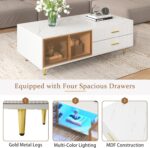 Modern Coffee Tables for Living Room. High Gloss LED Coffee Table. Storage Coffee Table. Wood Center Table with 4 Sliding Drawers and 2 Glass Door Storag. for Home Office and Restaurants (White)