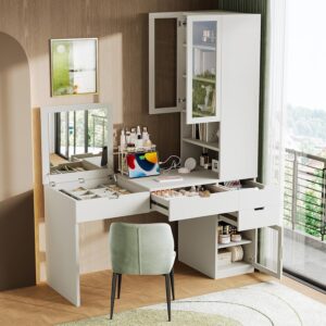 Large Versatile Makeup Vanity Desk with Mirror and Charging Station. Home Office Desk. Dressing Table with 8 Hidden Storage Compartments. Computer Desk with 3 Drawers. 2 Cabinets and Open Shelves