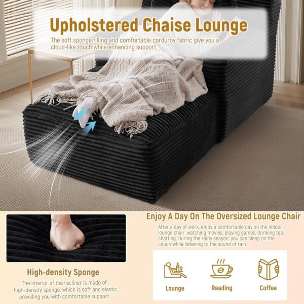 Chaise Lounge Chair Indoor. Upholstered Corduroy Couch with 3 Pillows. Comfy Fluffy Single Cloud Boneless Couch. Floor Lazy Sofa. Single Sleeper Sofa Chair for Reading Corner (Black)