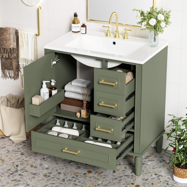 Bathroom Vanity. 30 Bathroom Vanity with Sink. Modern Storage Cabinet with 3 Drawers & 1 Door. Freestanding Bathroom Vanities. Solid Wood Frame for Small Space 30'' x 18'' x 34'' (Olive Green)