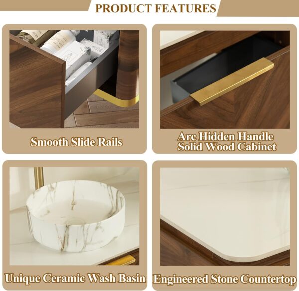 48 Bathroom Vanity with Ceramic Sink Combo. Floating Bathroom Vanities with Sensor Light. Wall-Mounted Basin Bath Storage Cabinet with Sintered Stone Top (Walnut-1. 48'')