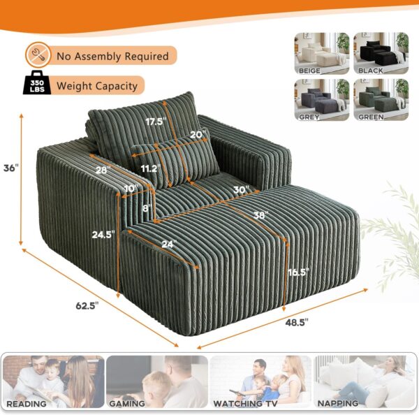Oversized Chaise Lounge Chair Indoor with Removable Ottoman. 48.5 Comfy Thicked Upholstered Recliner Corduroy Couch. Leisure Sleeper Chair for Living Room. Bedroom. No Assembly Required