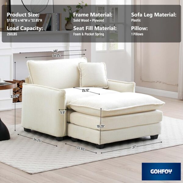 Oversized Chaise Lounge Chair Indoor with Ottoman. 37 W Corduroy Single Sofa Chair. Modern Couch with Deep Seat. Sleeper Chair Comfy Cloud Couch for Living Room Bedroom Office Apartment