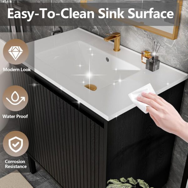 30″ Fluted Bathroom Vanity with Ceramic Sink. Modern Bathroom Vanity Cabinet with 2 Doors. Freestanding Mid-Century Restroom Sink Cabinet Combo (Black. 30'')