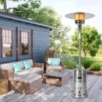 Patio Heater with Cover. 48.000 BTU Pyramid Flame Outdoor Heater. Propane. Detachable Wheels. Quartz Glass Tube for Patio. Garden. Courtyard. Park. Poolside (Silver)