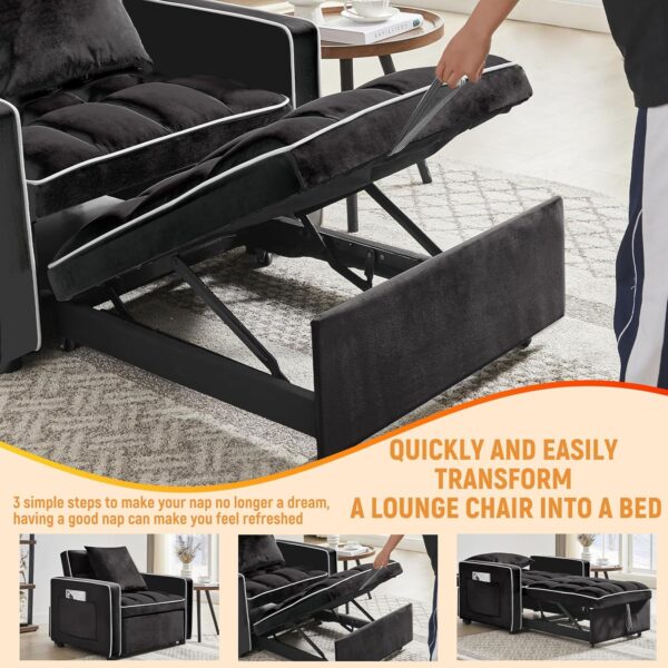 35 Convertible Chair Bed. Sleeper Chair. 3 in 1 Modern Velvet Pull Out Sofa Chair. Small Tufted Single Sleeper Chair with Adjustable Backrest/Pillow for Living Room. Small Spaces (Black)