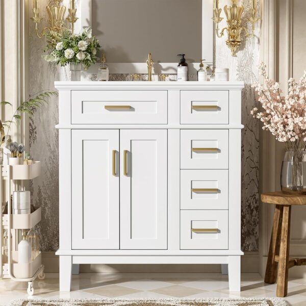 30'' Bathroom Vanity with Single Sink Combo. Freestanding Modern Bathroom Storage Sink Cabinet. Storage Cabinet with 2 Drawers & 2 Door. Solid Wood Frame for Small Bathrooms. White
