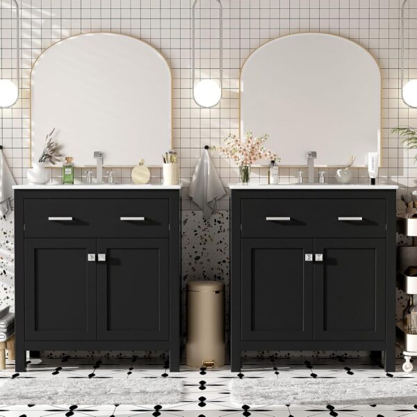 60 Modern Bathroom Vanity with Double Vanities. Double Ceramic Sinks. Adjustable Shelf. Soft Close Doors and Flip Drawer. Large Bathroom Vanity Sink Set (Black)