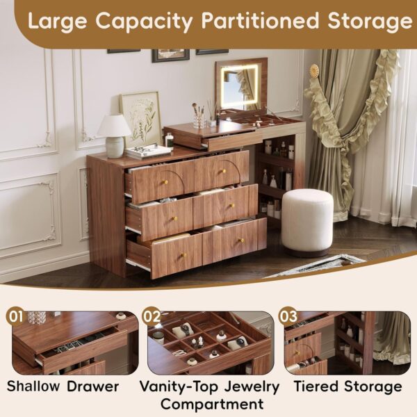 Vanity Desk with Mirror and Lights. Makeup Vanities Table with Flip-Top and Storage 7 Drawers. 9 Compartments. 3 Shelves. Corner Vanity Dressing for Bedroom (Walnut)