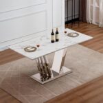 70 Marble Dining Table for 6-8 People. Modern Rectangle Faux Marble Kitchen Table with Mirrored Finish Stainless Steel Base. Dining Room Table for Home. Kitchen. Apartment (Style 2: White & Silver)
