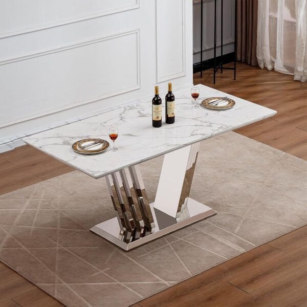 70 Marble Dining Table for 6-8 People. Modern Rectangle Faux Marble Kitchen Table with Mirrored Finish Stainless Steel Base. Dining Room Table for Home. Kitchen. Apartment (Style 2: White & Silver)
