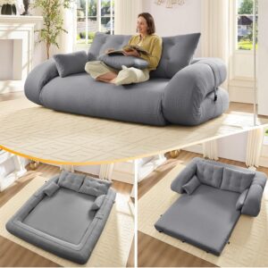 3-in-1 Convertible Sleeper Sofa Bed. 78.7 Teddy Fabric Foam-Filled Folding Floor Sofa Couch Bed. Convertible Loveseat Sleeper Guest Bed with 2 Pillows for Living Room Apartment Office (Grey)
