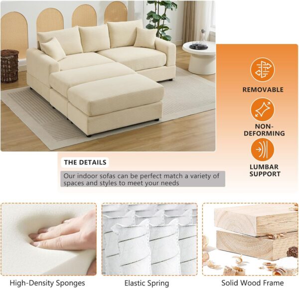 Oversized Loveseat with 2 Ottomans. 82.7 Corduroy Couch. Sectional Sleeper Sofa with Back Pillows. 2 Toss Pillows Upholstered Sofa Deep Seat Couch for Living Room and Bedroom (Beige)