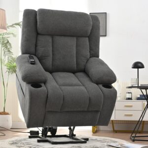 Power Lift Recliner Chair for Elderly. Electric Recliner Chairs with Extended Footrest for Adults. Oversized Recliner Chair with Remote Control. 2 Pockets and 2 Cup Holders. Velvet Fabric (Dark Grey)