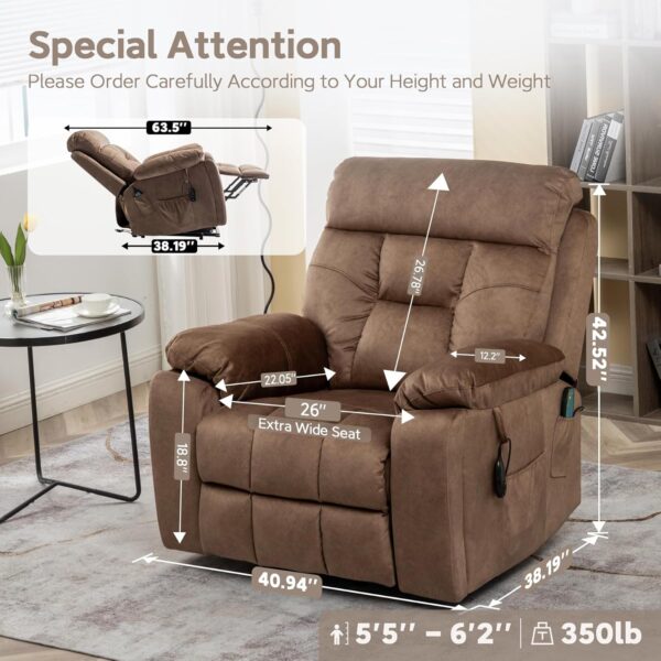 Cloud Power Lift Recliner with 26'' Extra Wide Seat for Large Weight Elderly. Maximum Weight 400lb. Velvet Comfort Lift Lazy Boy Recliner Chair with Massage and Lumbar Heat with Cup Holder and Pocket