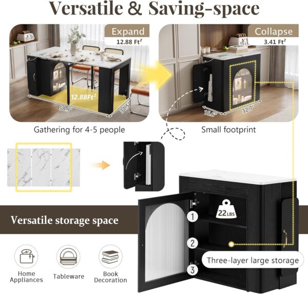 Extendable Dining Table for 4-6. 33''-59'' Extending Dining Table w/Removable Leaves Space Saving. Mobile Rolling Island Tables with Power Outlet Wooden Adjustable Tables for Kitchen (Black)