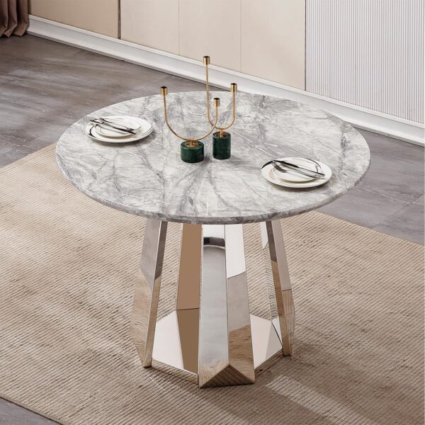 Round Dining Table for 2-4. 47 Modern Circle Wooden Faux Marble Kitchen Table. Marble Dining Room Table with Metal Base for Dining Room. Kitchen. Living Room (Style 3: Gray & Silver)