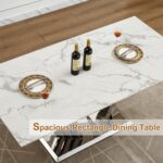 70 Marble Dining Table for 6-8 People. Modern Rectangle Faux Marble Kitchen Table with Mirrored Finish Stainless Steel Base. Dining Room Table for Home. Kitchen. Apartment (Style 2: White & Silver)