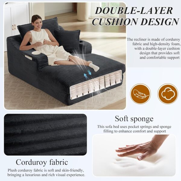 Chaise Lounge Chair Indoor. 47'' Oversized Sleeper Chair with Cup Holders & Side Pockets. Upholstered Sofa Bed for Living Room. Boneless Chaise Lounge. Reading Chairs for Adults (Dark Grey)