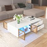 Modern Coffee Tables for Living Room. High Gloss LED Coffee Table. Storage Coffee Table. Wood Center Table with 4 Sliding Drawers and 2 Glass Door Storag. for Home Office and Restaurants (White)