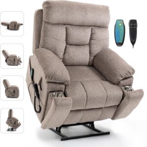 Oversized Power Lift Recliner Chair for Elderly. Electric Recliner Chairs for Adults with Massage and Heat. 2 Remote Control. 2 Cup Holders. Side Pockets. Big Man Recliners 400lbs (Light Brown)