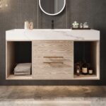 39.4'' Bathroom Vanity with Sink. Floating Ceramic Sink Bathroom Vanity with Countertop Multi-Layer Solid Wood Cabinet Soft-Close Drawers Open Shelf Storage (Oak. 39.4''-Countertop)