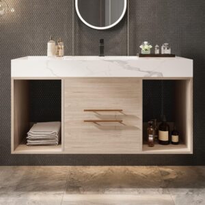 39.4'' Bathroom Vanity with Sink. Floating Ceramic Sink Bathroom Vanity with Countertop Multi-Layer Solid Wood Cabinet Soft-Close Drawers Open Shelf Storage (Oak. 39.4''-Countertop)