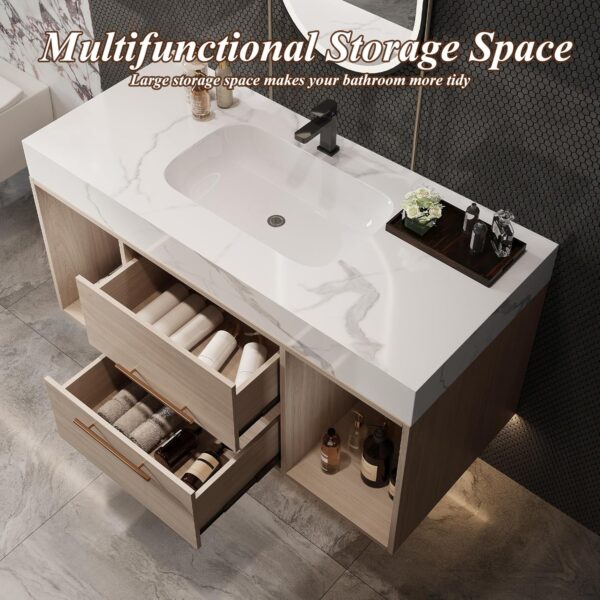 39.4'' Bathroom Vanity with Sink. Floating Ceramic Sink Bathroom Vanity with Countertop Multi-Layer Solid Wood Cabinet Soft-Close Drawers Open Shelf Storage (Oak. 39.4''-Countertop)