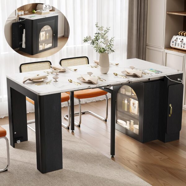 Extendable Dining Table for 4-6. 33''-59'' Extending Dining Table w/Removable Leaves Space Saving. Mobile Rolling Island Tables with Power Outlet Wooden Adjustable Tables for Kitchen (Black)