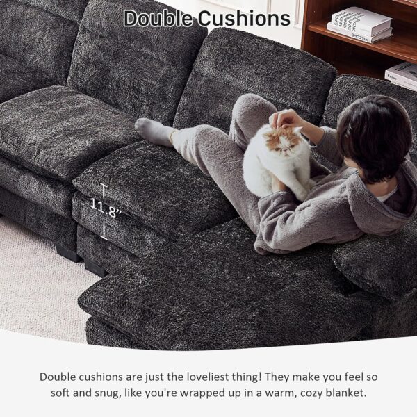 U-Shaped Modular Sectional Cloud Couch. 4 Seater Sofa Couch. Modern Furniture Comfy Chenille Sofa for Living Room. 111.8in Extra Deep Couch (Black)